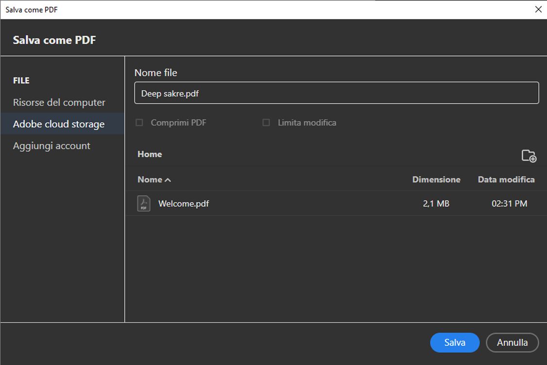 Finestra di dialogo Salva con nome