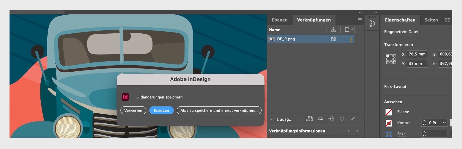Screenshot des Dialogfelds „Als neu speichern & ersetzen“ für eingebettete Bilder.