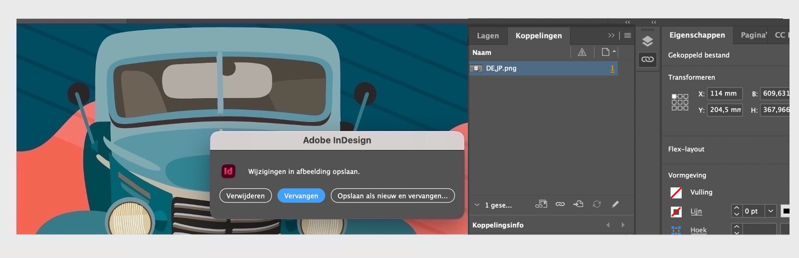 Screenshot van het dialoogvenster Opslaan als nieuw en vervangen voor ingesloten afbeeldingen.
