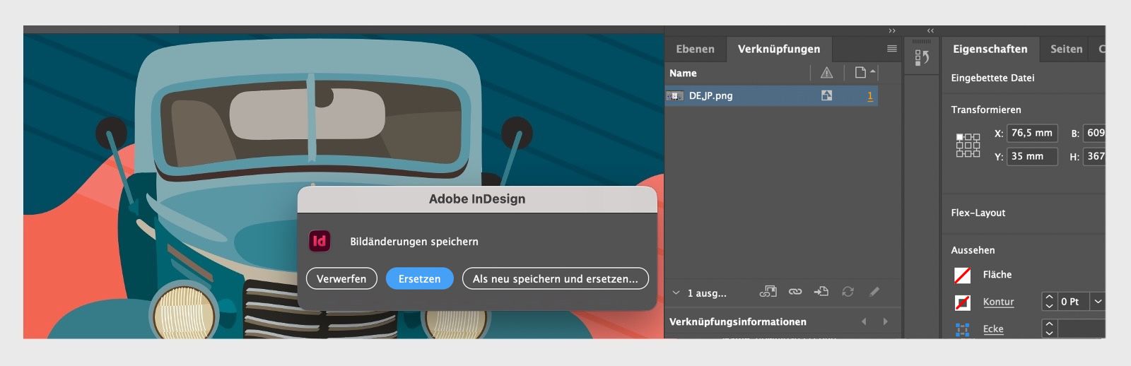 Screenshot des Dialogfelds „Als neu speichern & ersetzen“ für eingebettete Bilder.