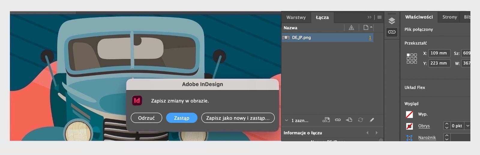 Zrzut ekranu okna dialogowego Zapisz jako nowy i zastąp dla osadzonych obrazów.