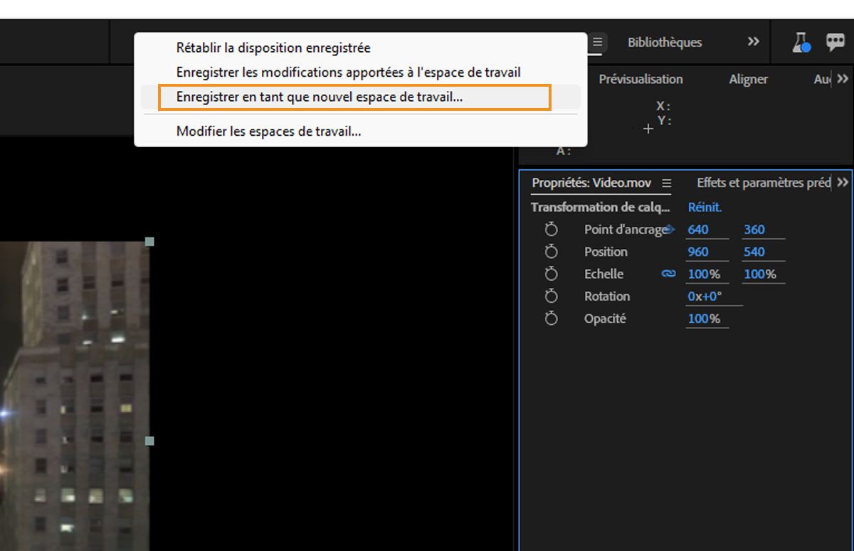 Un menu déroulant est ouvert pour le panneau Standard avec l’option « Enregistrer comme nouvel espace de travail » mise en surbrillance en bleu, ce qui indique qu’elle a été sélectionnée. D’autres options sont visibles, telles que « Réinitialiser sur la mise en page enregistrée » et « Modifier les espaces de travail ».