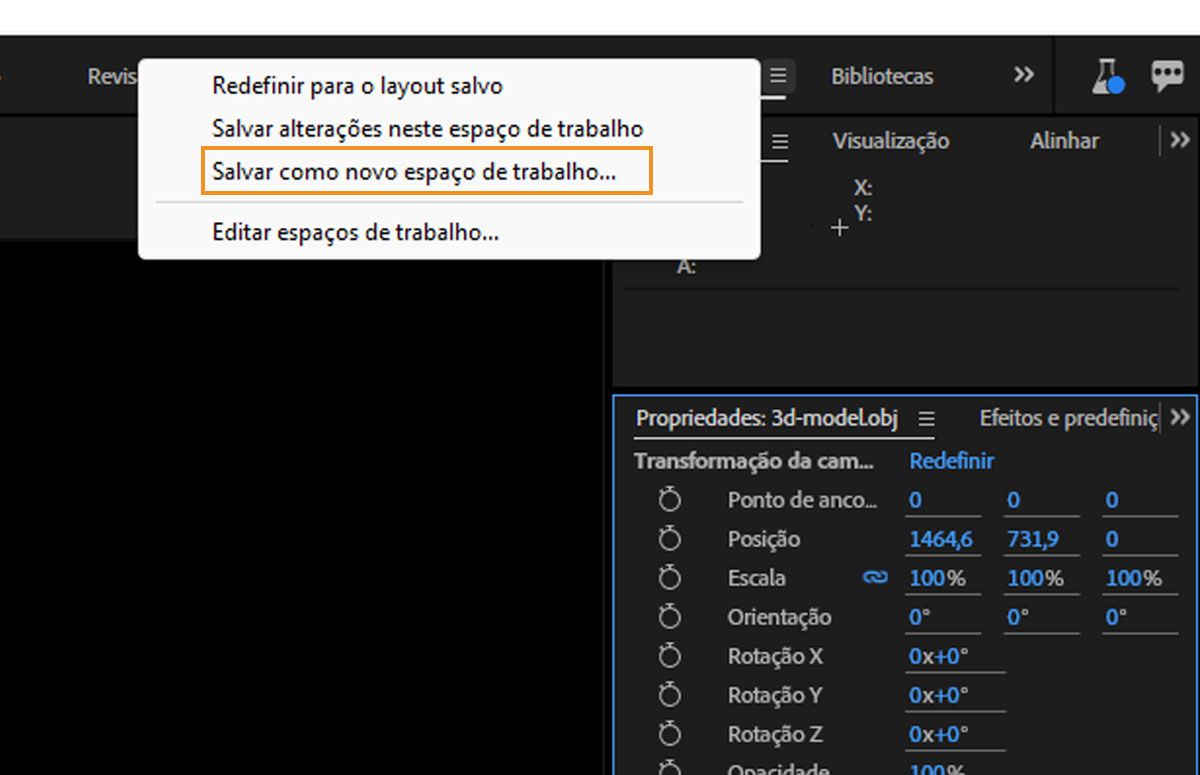 Um menu suspenso é aberto para o painel Padrão com a opção “salvar como novo espaço de trabalho” realçada em azul, indicando que ela foi selecionada. Existem outras opções visíveis, como “Redefinir para o layout salvo” e “Editar espaços de trabalho”.