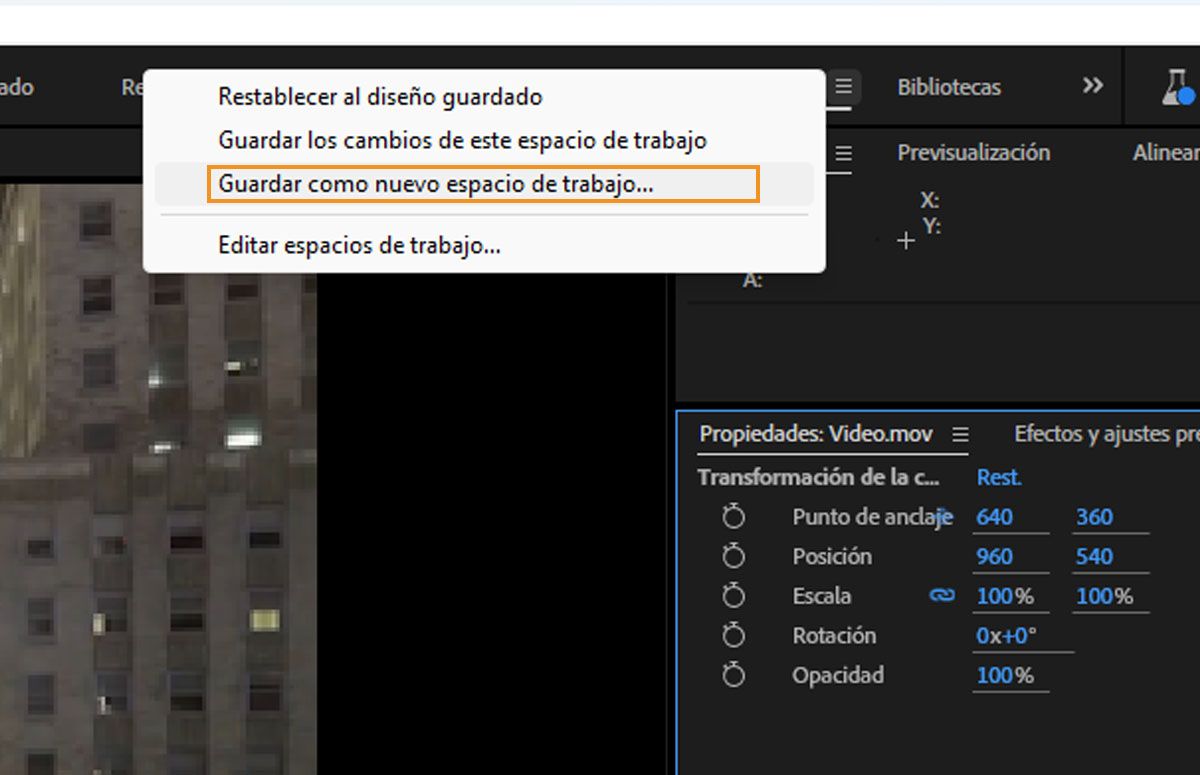 Un menú desplegable se abre para el panel estándar con la opción Guardar como nuevo espacio de trabajo resaltada en azul, lo que indica que se ha seleccionado. Hay otras opciones visibles, como Restablecer al diseño guardado y Editar espacios de trabajo.