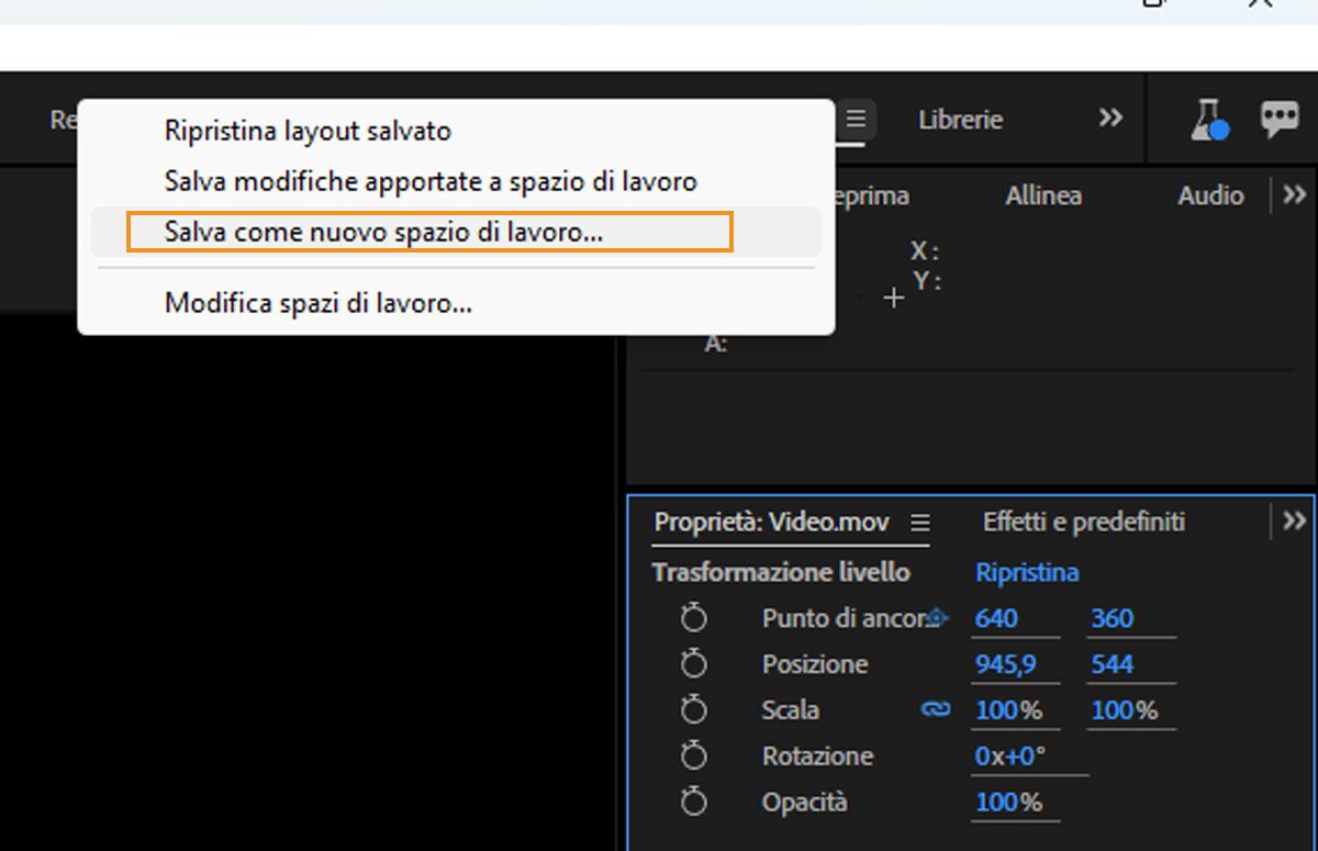 Per il pannello Standard è aperto un menu a discesa con l’opzione Salva come nuovo spazio di lavoro evidenziata in blu, a indicare che è stata selezionata. Sono visibili altre opzioni, ad esempio Ripristina a layout salvato e Modifica spazi di lavoro.