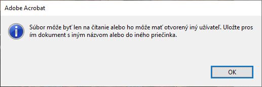 Chybové hlásenie pri ukladaní súboru vo formáte PDF v programe Acrobat