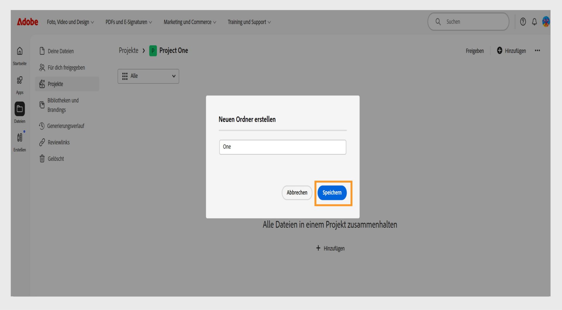 In der Adobe-Weboberfläche wird das Dialogfeld „Neuen Ordner erstellen“ angezeigt, mit einem Textfeld zum Eingeben des Ordnernamens und Schaltflächen zum Abbrechen oder Speichern.
