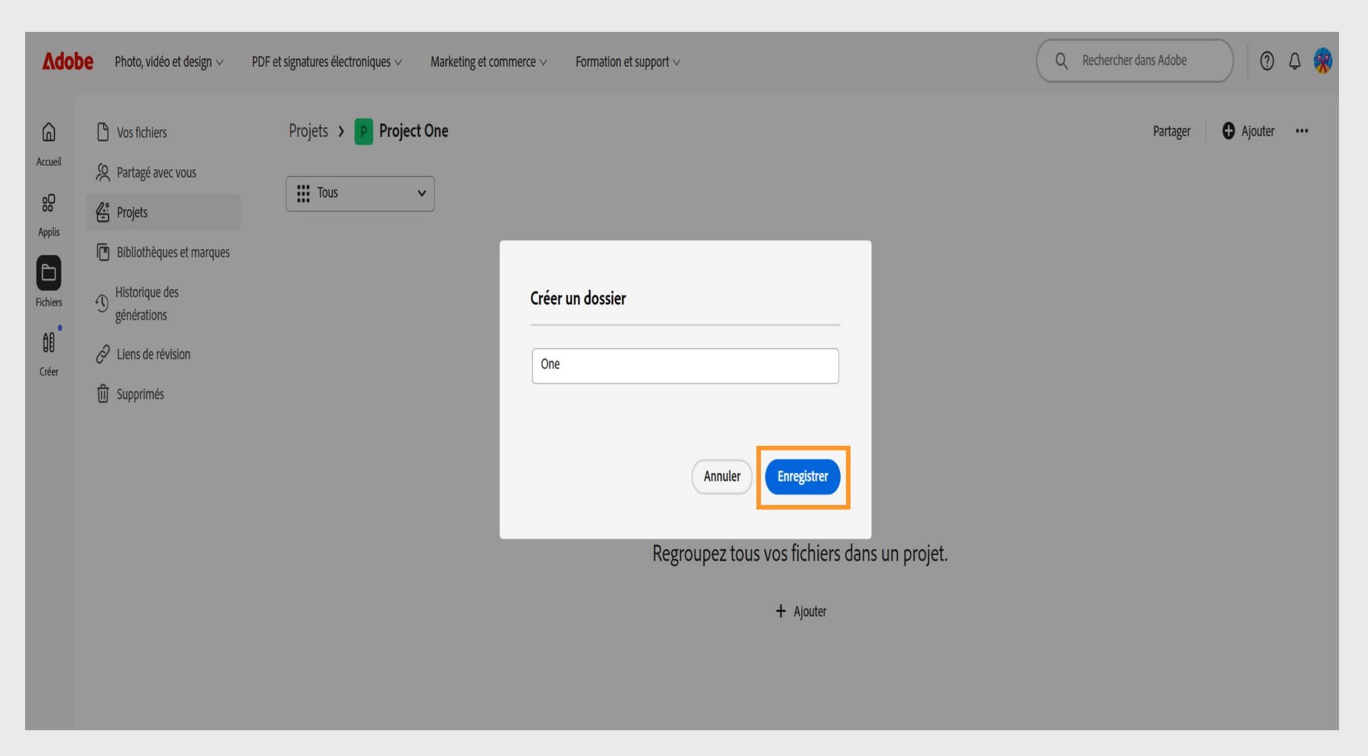 Interface Web Adobe affichant une boîte de dialogue intitulée « Créer un dossier », avec un champ de texte pour saisir le nom du dossier, et des options permettant d’annuler ou d’enregistrer.