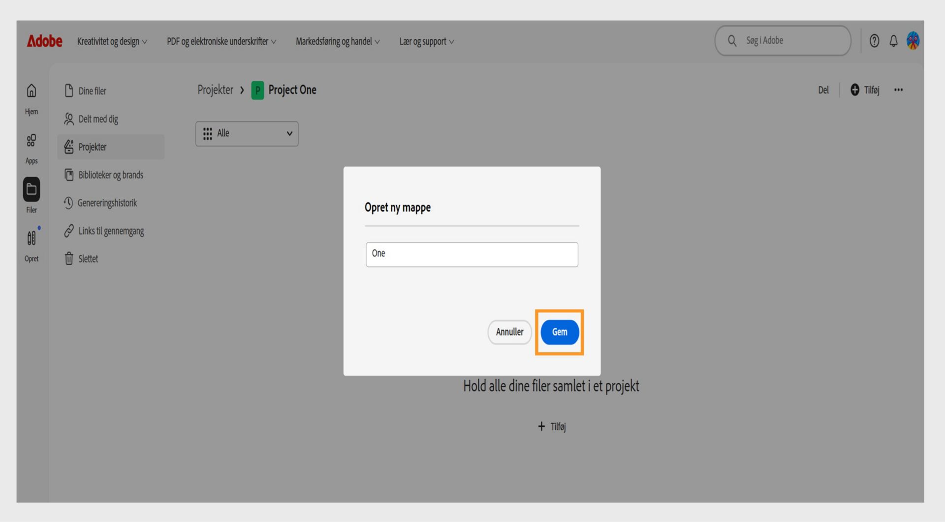 Webgrænsefladen fra Adobe viser en dialogboks med titlen "Opret ny mappe" med et tekstfelt til indtastning af mappenavn og muligheder for at annullere eller gemme.
