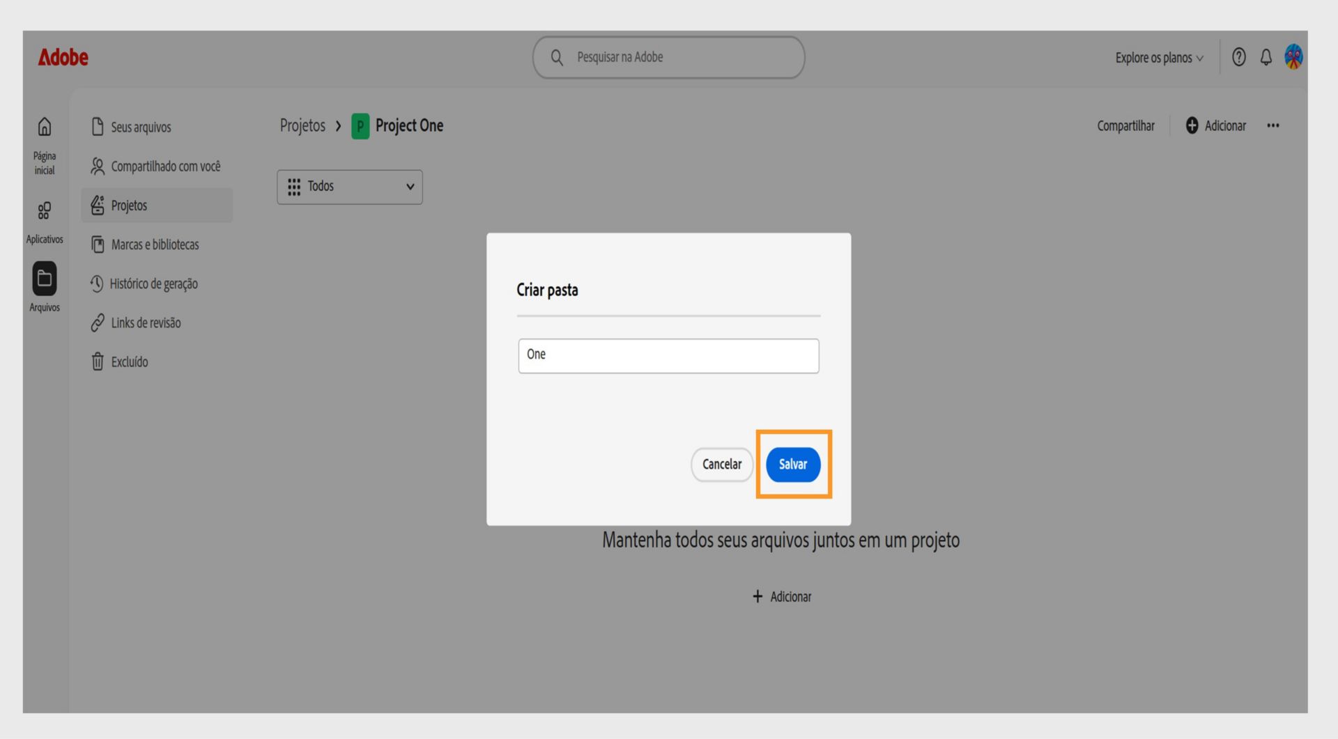Interface online da Adobe mostrando uma caixa de diálogo chamada “Criar pasta”, com um campo de texto para inserir o nome da pasta e opções para cancelar ou salvar.