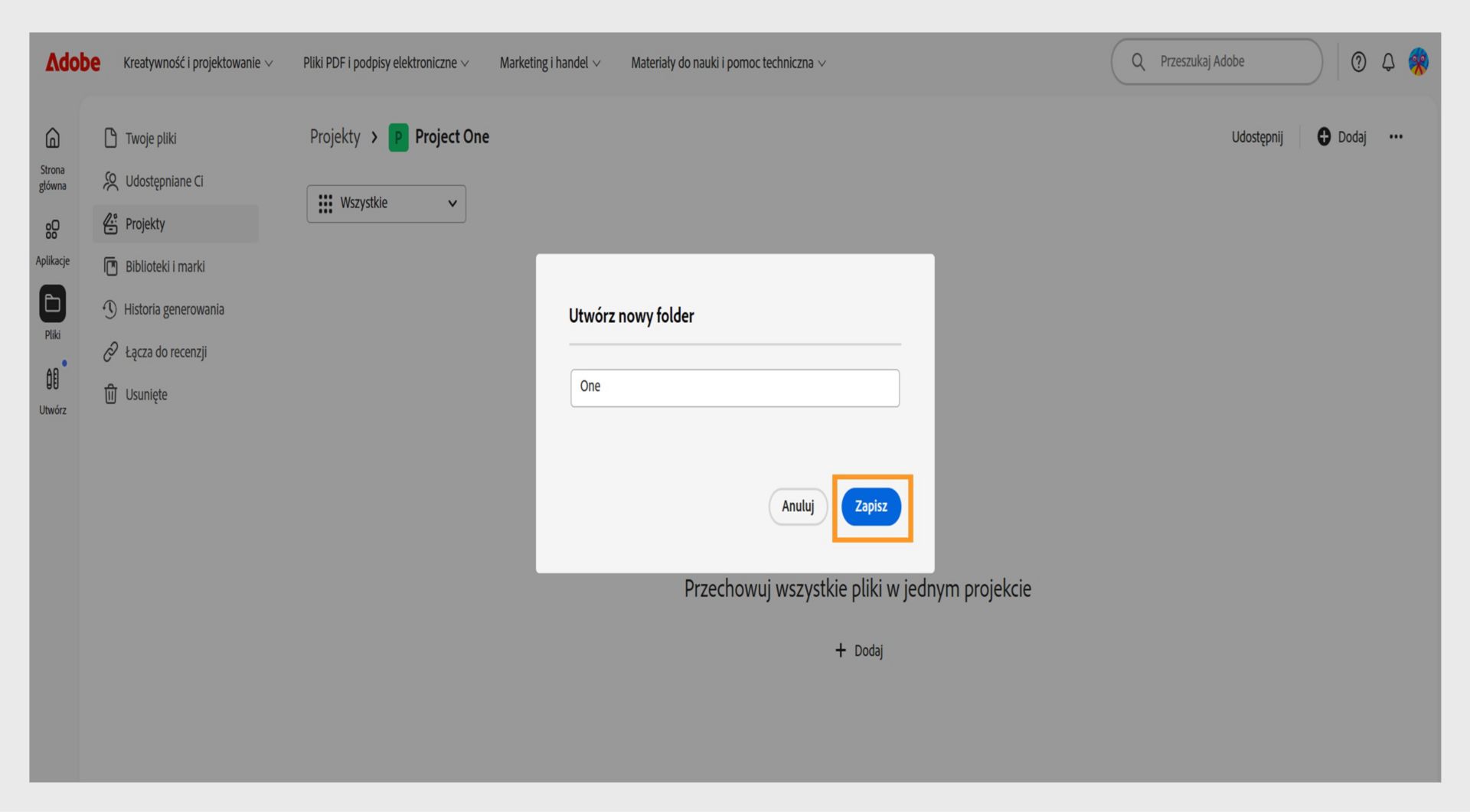 Interfejs internetowy Adobe pokazujący okno dialogowe z etykietą "Utwórz nowy folder", z polem tekstowym do wprowadzenia nazwy folderu oraz options do anulowania lub zapisania.
