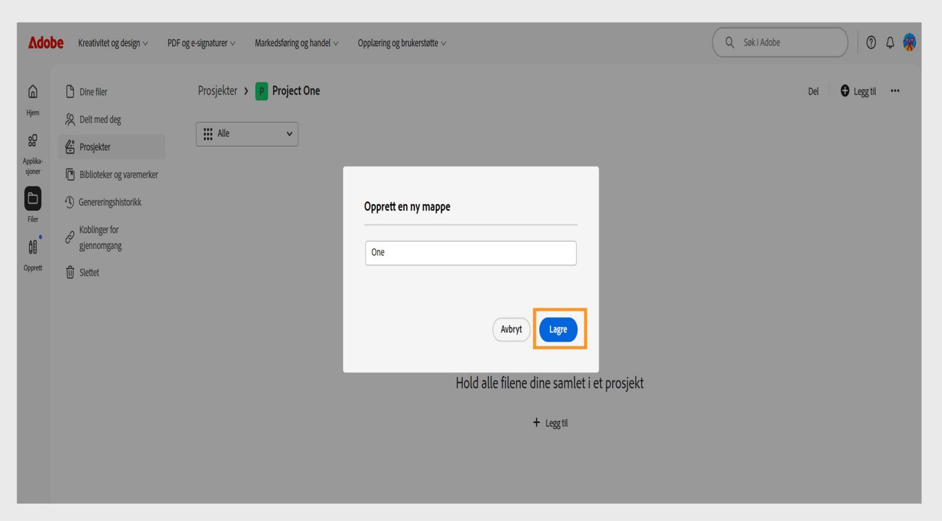 Adobe web-grensesnitt som viser en dialogboks merket "Opprett ny mappe", med et tekstfelt for å skrive inn mappenavnet og alternativer for å avbryte eller lagre.