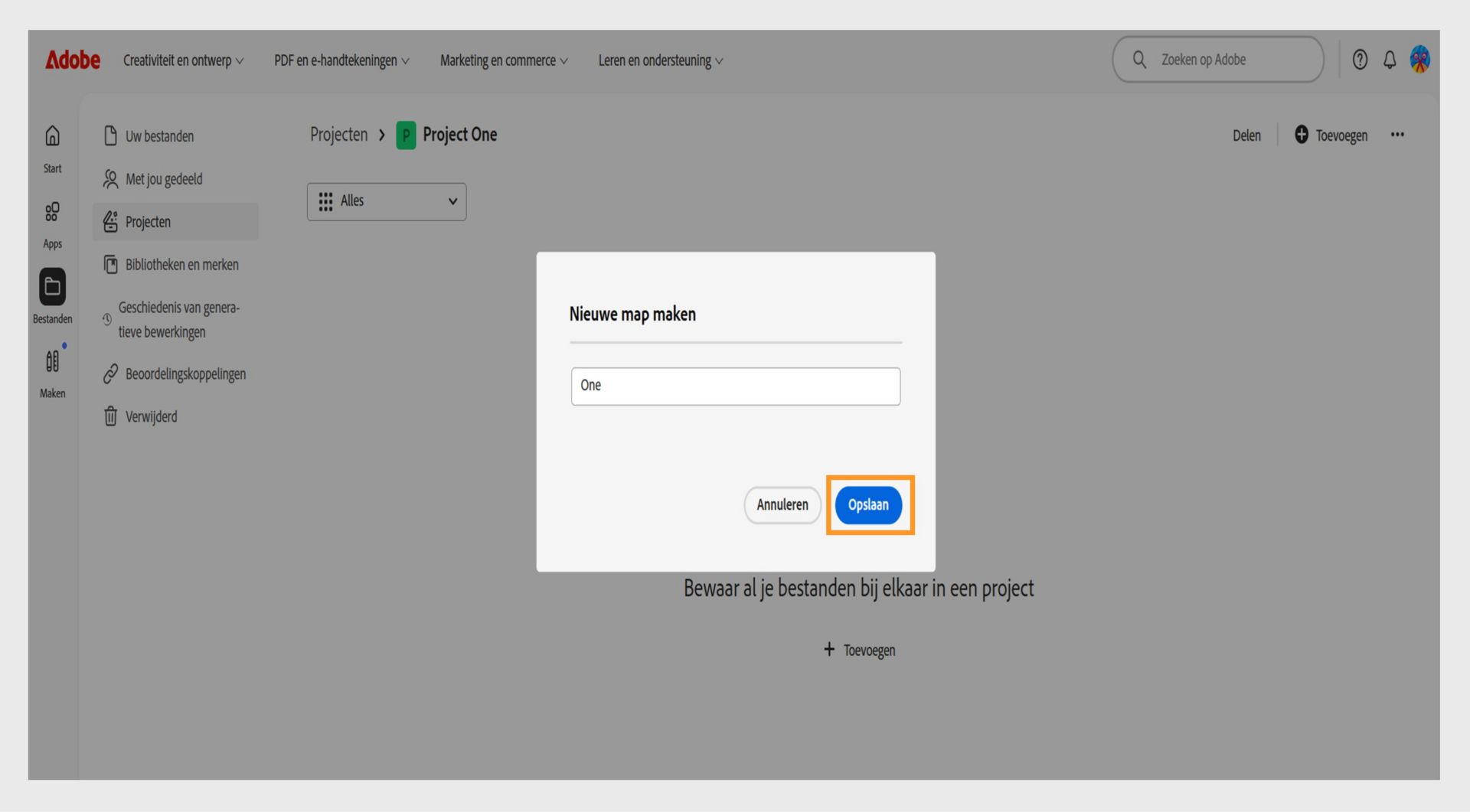 Adobe-webinterface met een dialoogvenster met de titel "Nieuwe map maken", met een tekstveld om de mapnaam in te voeren en opties om te annuleren of op te slaan.
