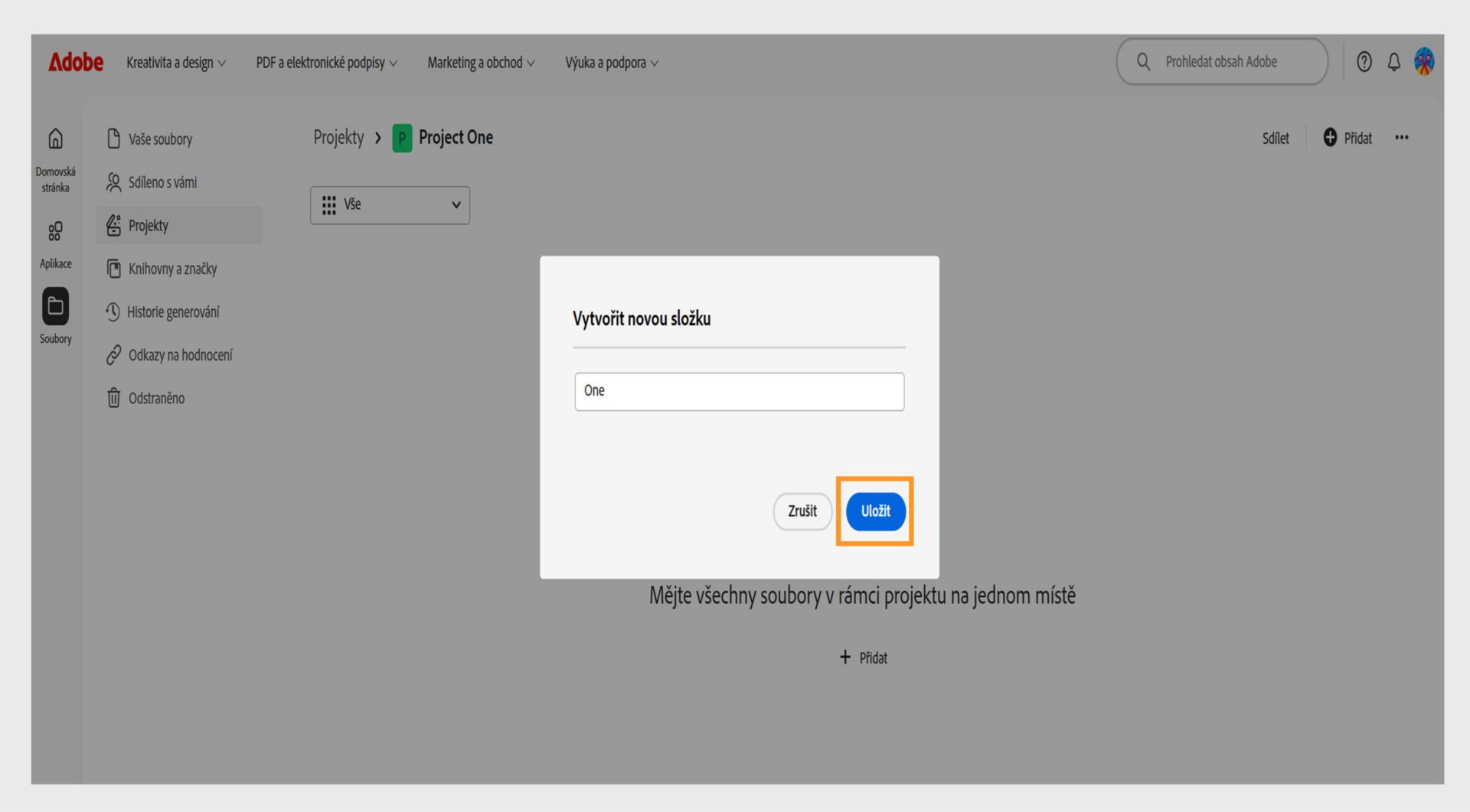 Webové rozhraní Adobe zobrazující dialogové okno s názvem "Vytvořit novou složku" s textovým polem pro zadání názvu složky a možnostmi Zrušit nebo uložit.