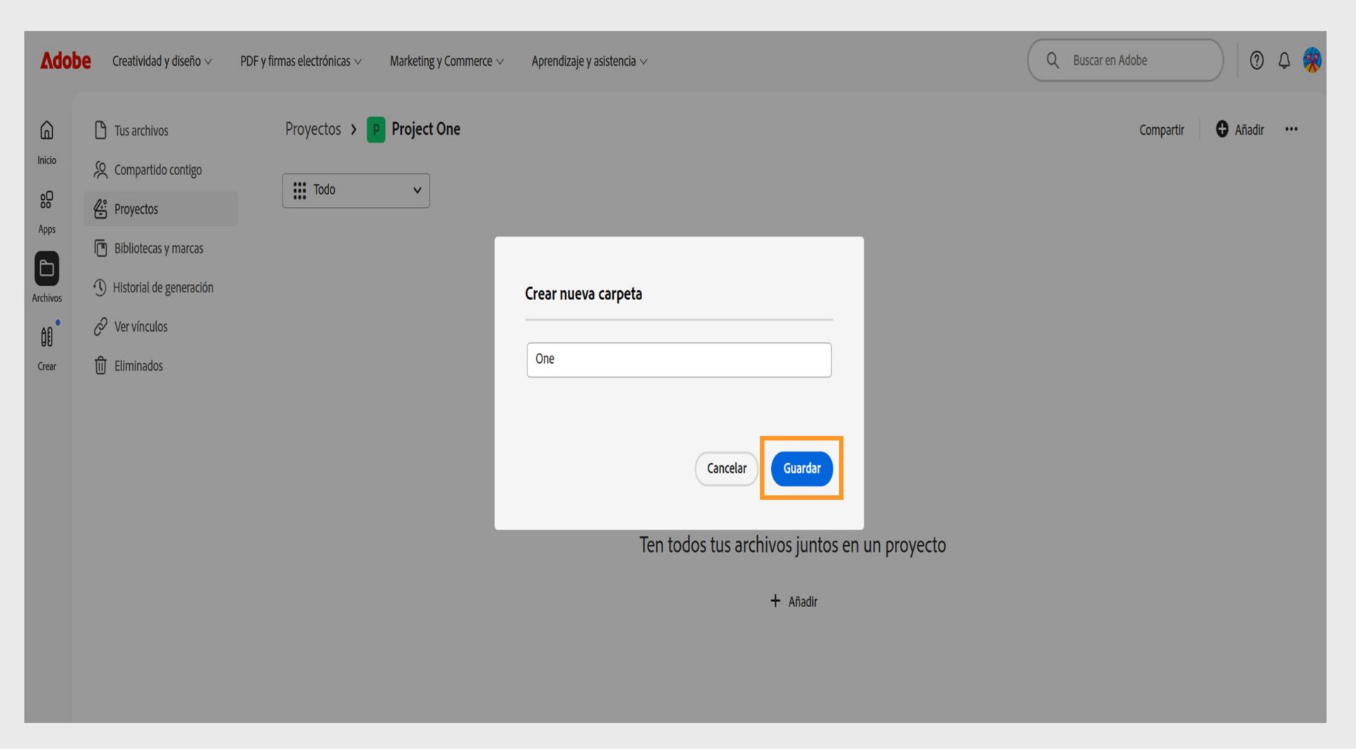 Interfaz web de Adobe mostrando un cuadro de diálogo titulado "Crear nueva carpeta", con un campo de texto para ingresar el nombre de la carpeta y opciones para cancelar o guardar.