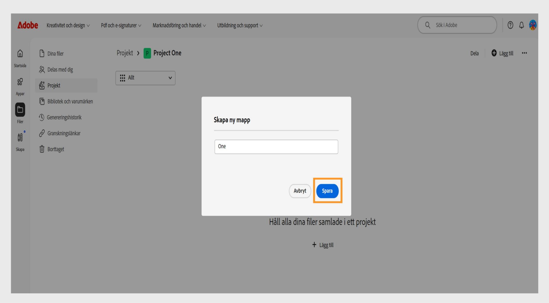 Adobe webbgränssnitt som visar en dialogruta med etiketten "Skapa ny mapp", med ett textfält för att ange mappnamnet och alternativ för att avbryta eller spara.