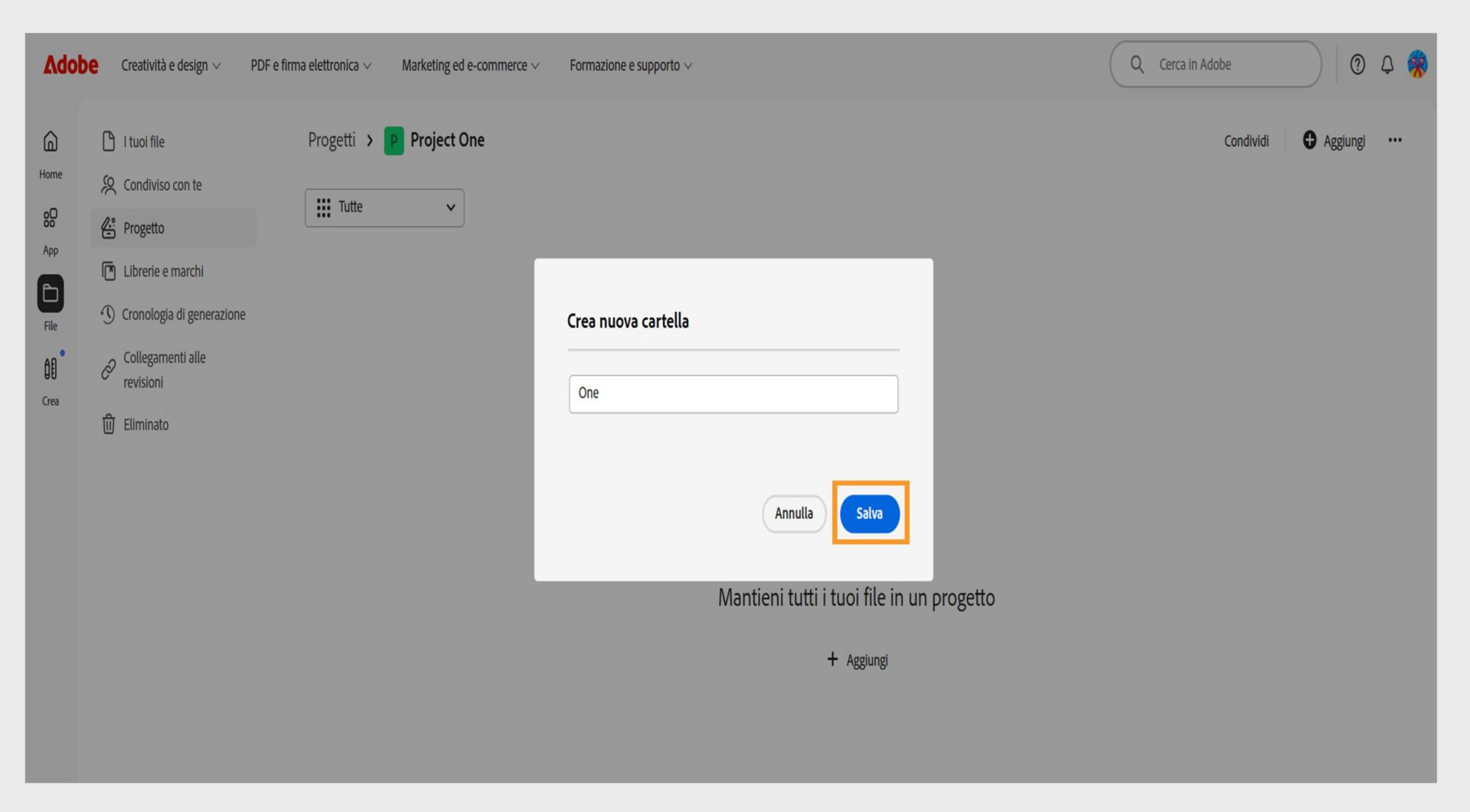 Interfaccia web di Adobe che mostra una finestra di dialogo intitolata "Crea nuova cartella", con un campo di testo per inserire il nome della cartella e le opzioni per annullare o salvare.