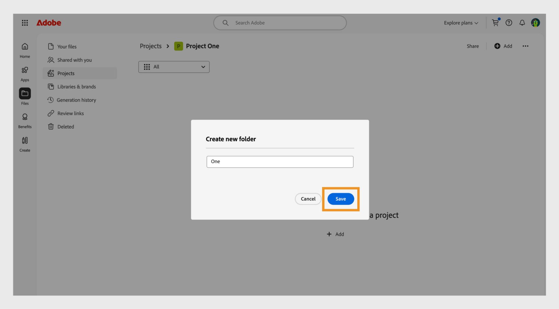 ממשק האינטרנט של Adobe המציג תיבת דו-שיח שכותרתה "Create new folder", עם שדה טקסט להזנת שם התיקייה ואפשרויות לביטול או לשמירה.