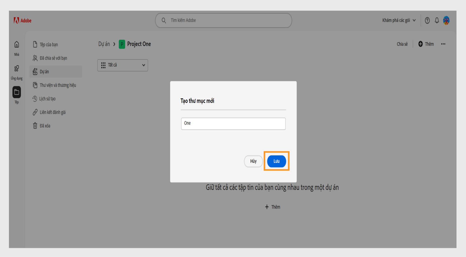 Giao diện web Adobe hiển thị hộp thoại có nhãn "Tạo thư mục mới" với trường văn bản để nhập tên thư mục và các tùy chọn để hủy hoặc lưu.