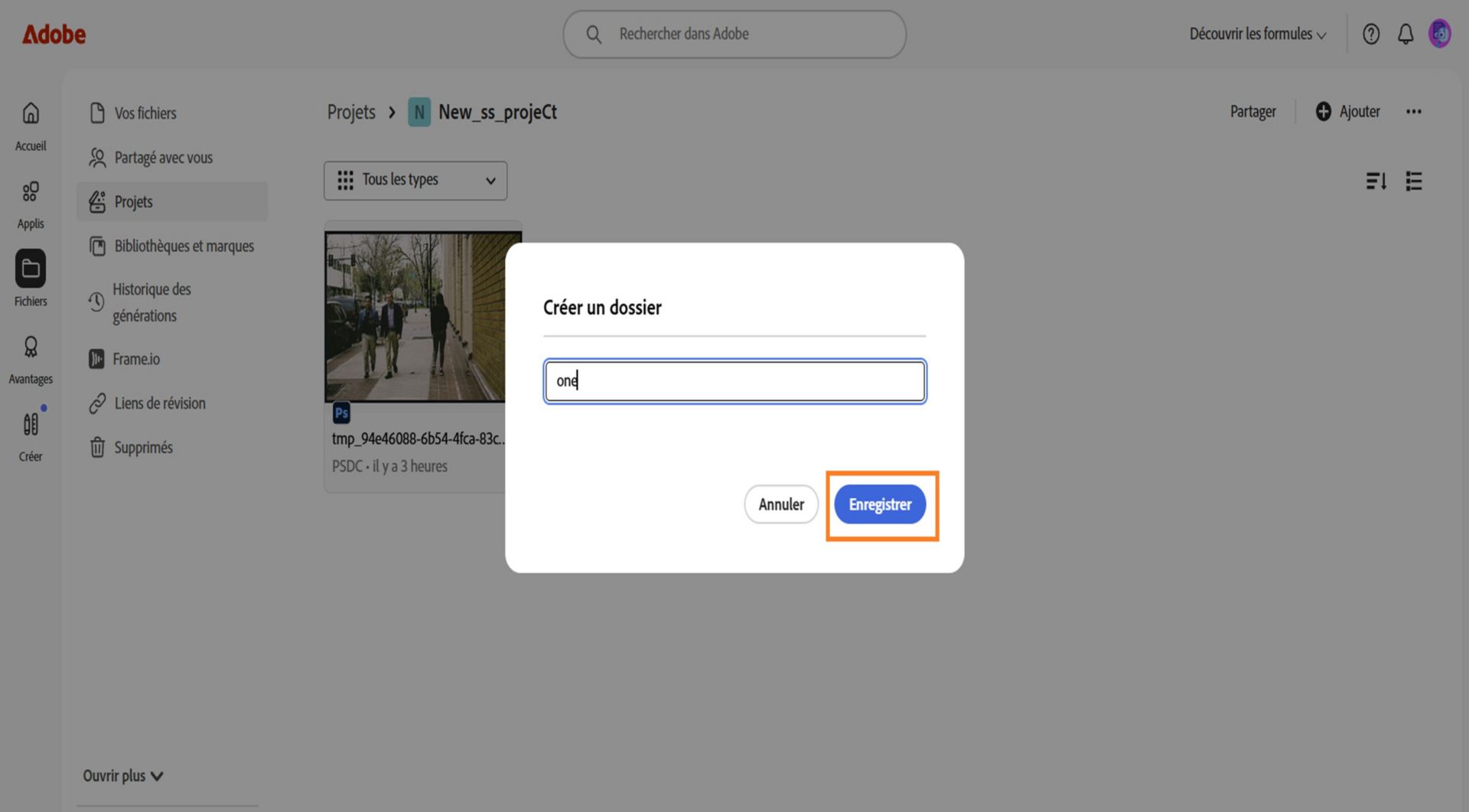 Interface Web Adobe affichant une boîte de dialogue intitulée « Créer un dossier », avec un champ de texte pour saisir le nom du dossier, et des options permettant d’annuler ou d’enregistrer.