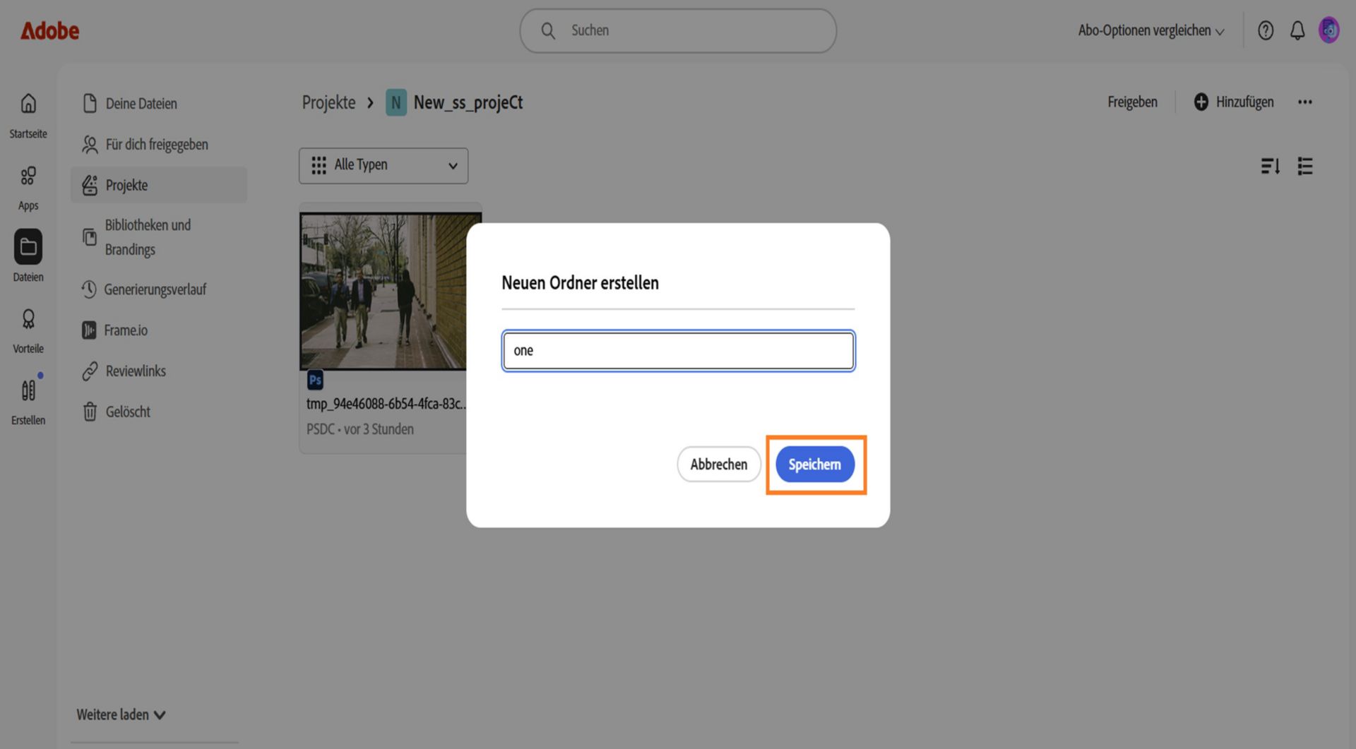 In der Adobe-Weboberfläche wird das Dialogfeld „Neuen Ordner erstellen“ angezeigt, mit einem Textfeld zum Eingeben des Ordnernamens und Schaltflächen zum Abbrechen oder Speichern.