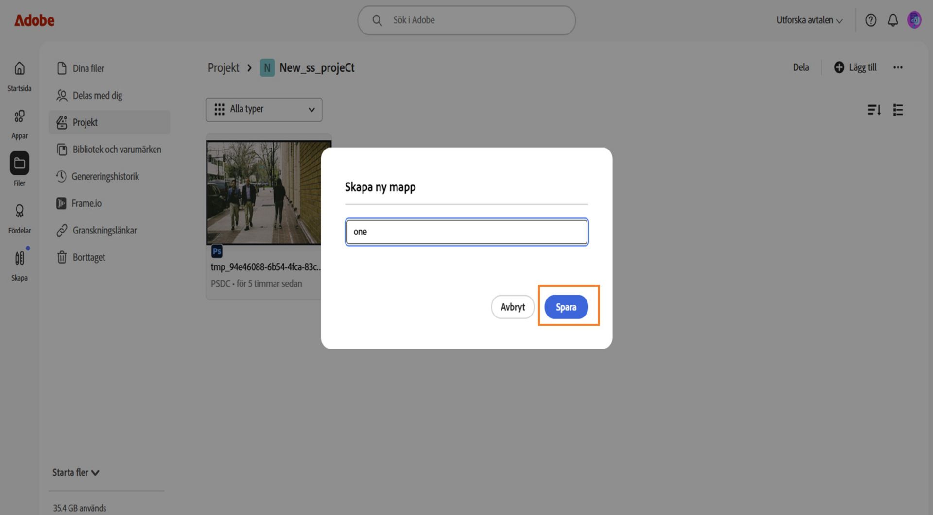 Adobe webbgränssnitt som visar en dialogruta med etiketten "Skapa ny mapp", med ett textfält för att ange mappnamnet och alternativ för att avbryta eller spara.