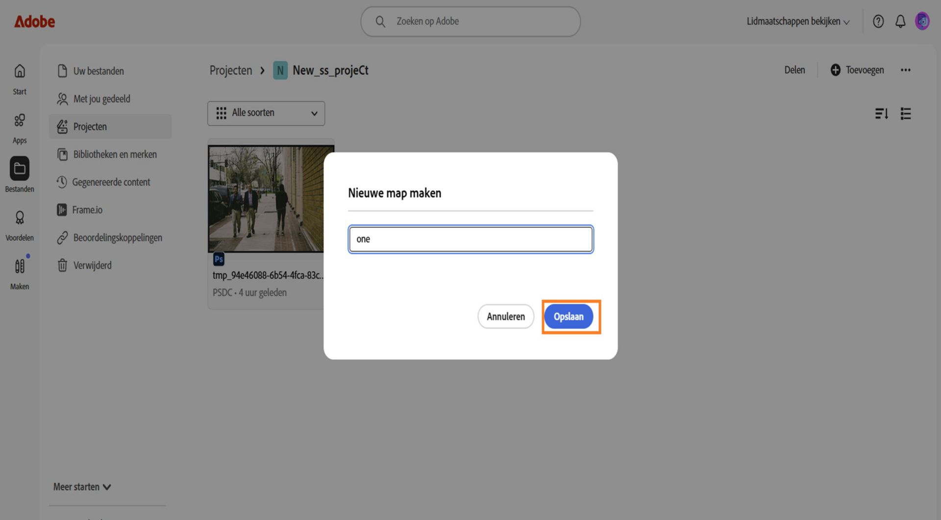 Adobe-webinterface met een dialoogvenster met de titel "Nieuwe map maken", met een tekstveld om de mapnaam in te voeren en opties om te annuleren of op te slaan.
