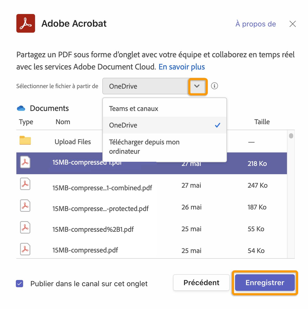 Téléchargement d’un fichier PDF depuis OneDrive ou un ordinateur et partage sous forme d’onglet