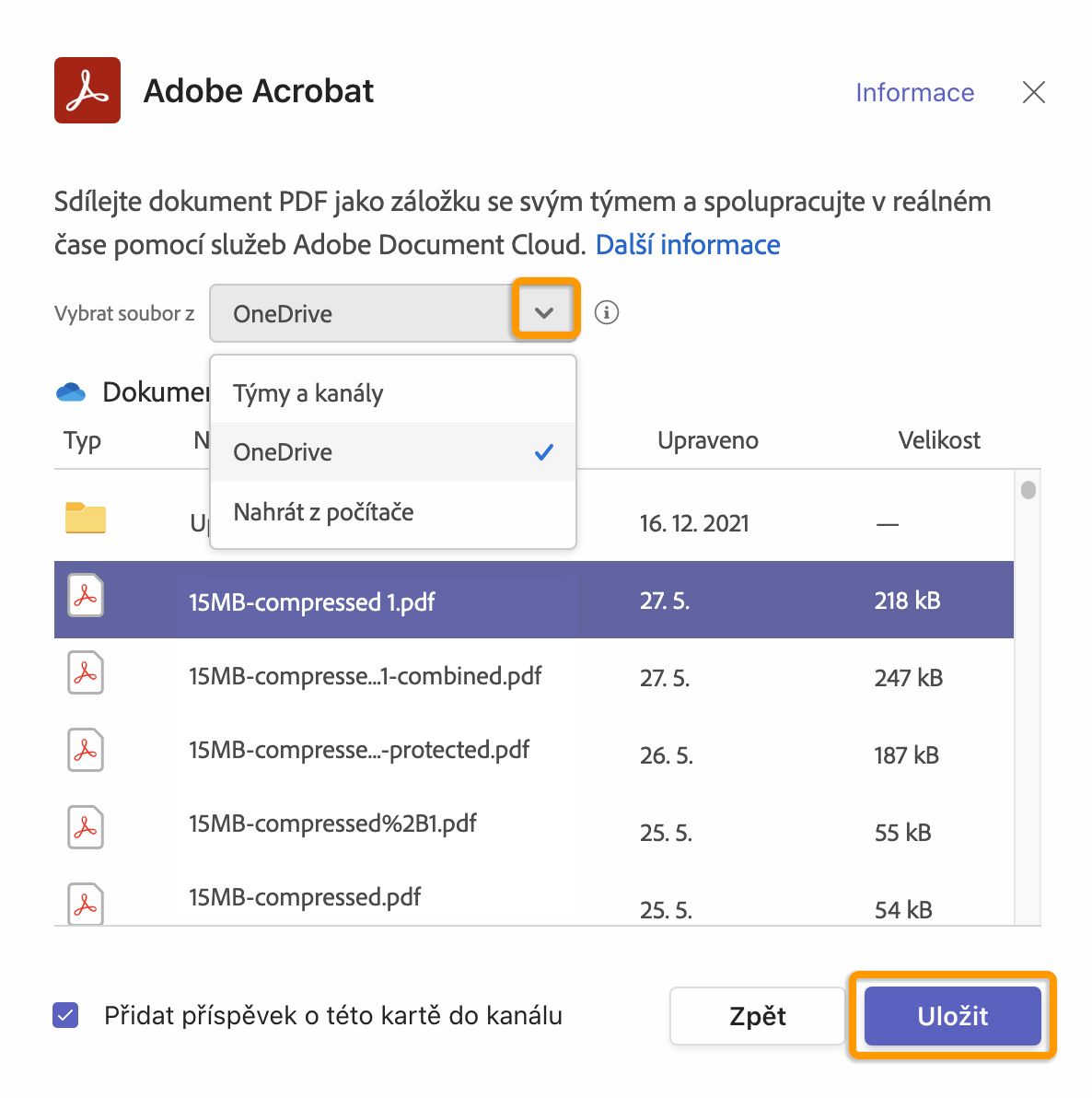 Odeslání dokumentu PDF ze služby OneDrive nebo z počítače a sdílení ve formě karty