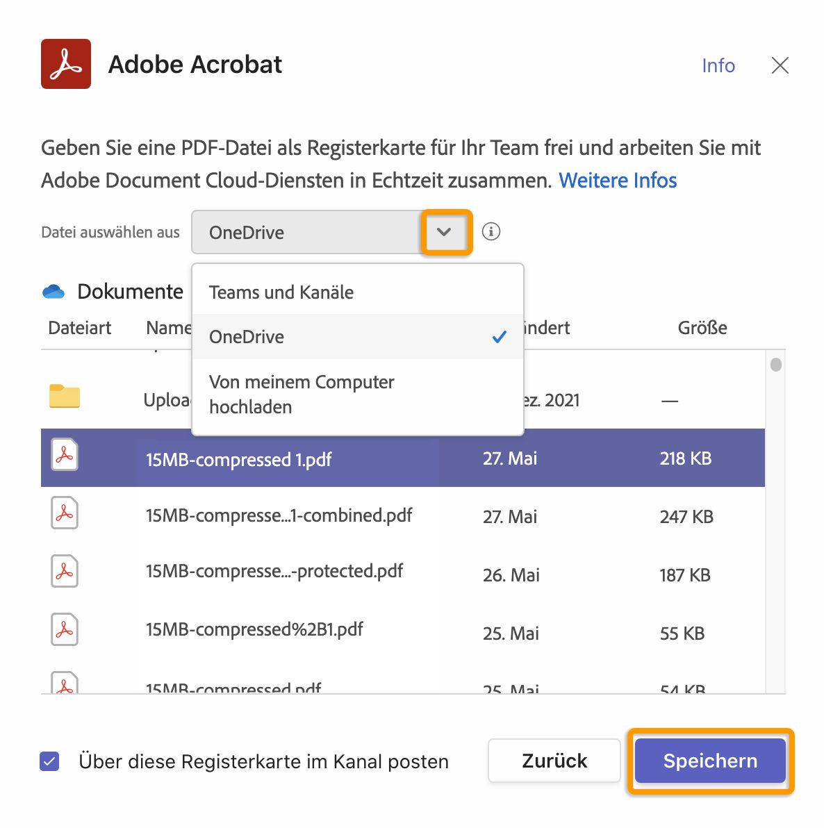 PDF-Datei aus OneDrive oder von einem Computer hochladen und als Registerkarte freigeben