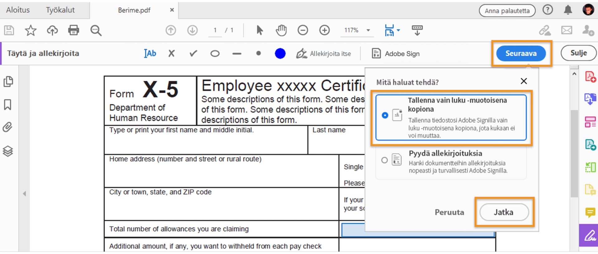 Tallenna vain luku -muotoinen kopio
