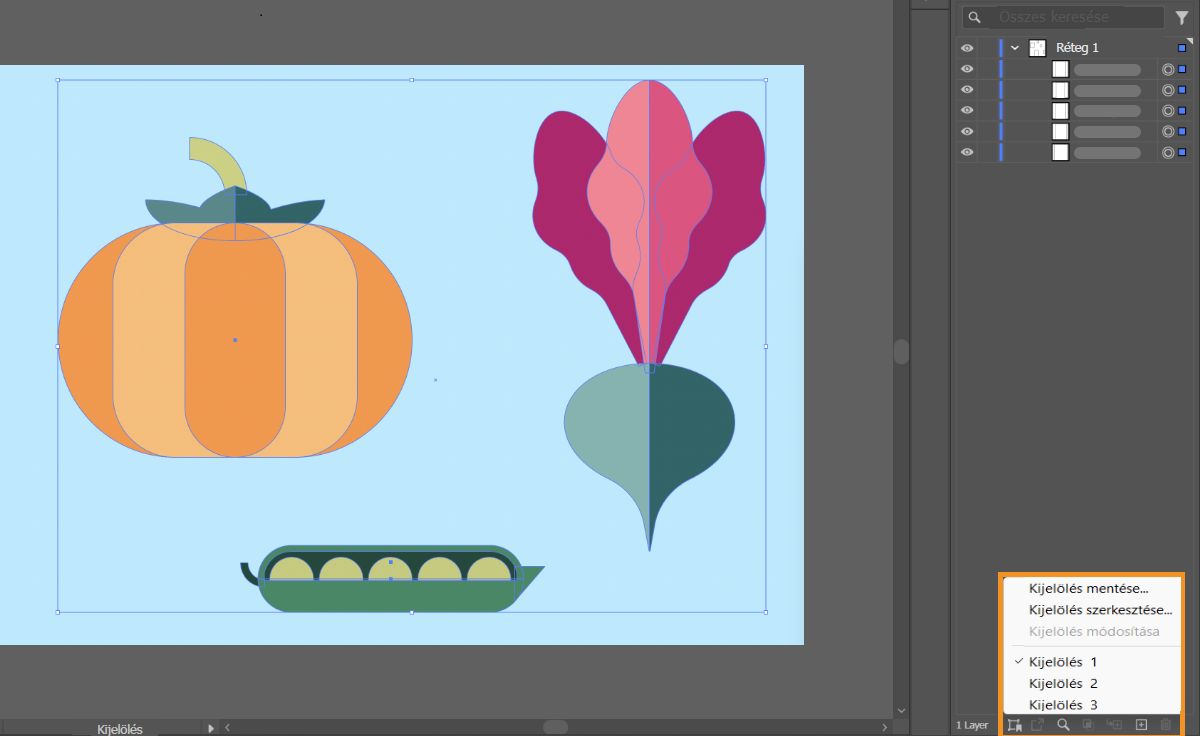 Rétegek panel, megnyitott Kijelölése mentése lehetőség.