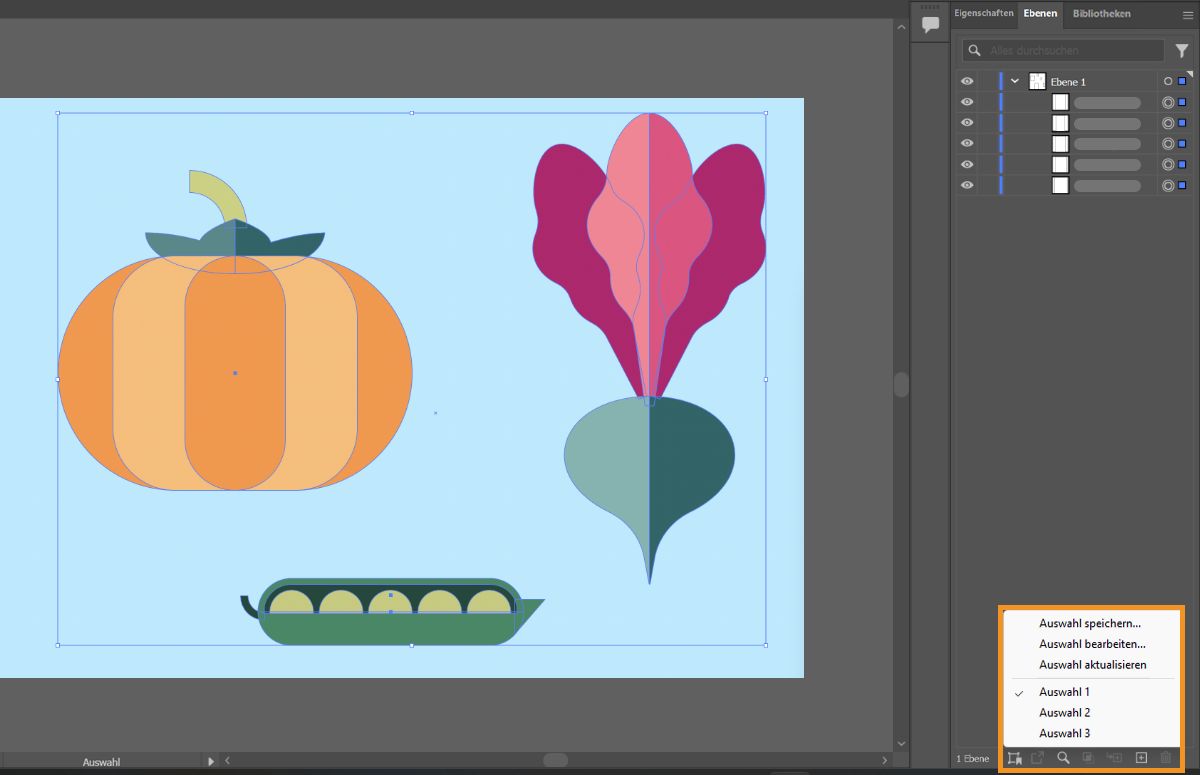 Ebenenbedienfeld mit geöffnetem Menü „Auswahl speichern“.