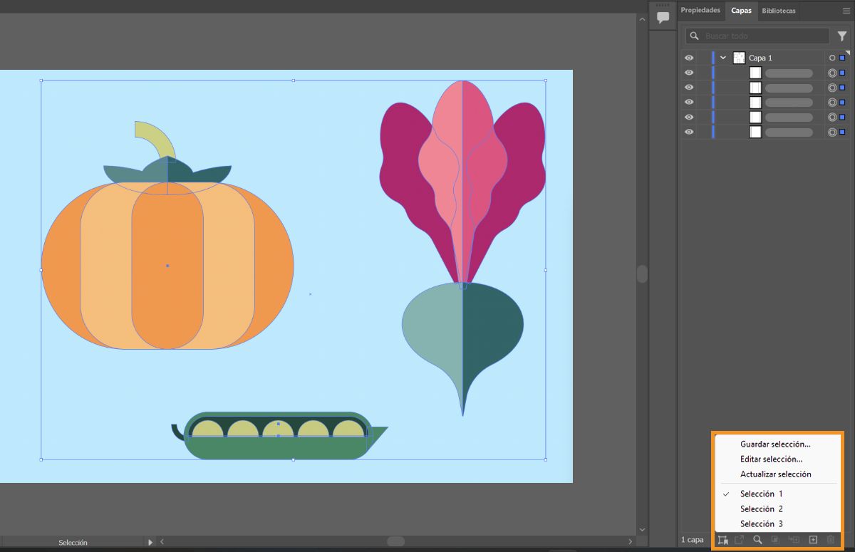 Panel Capas con el menú Guardar selección abierto.