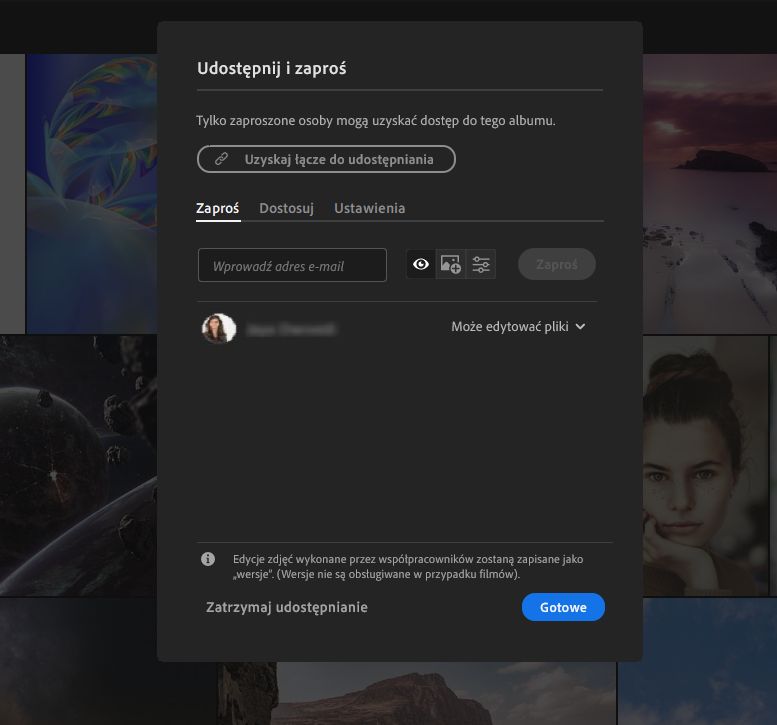 Udostępnianie i zapraszanie w programie Lightroom