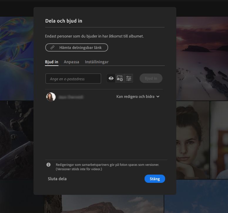 Dela och bjud in i Lightroom