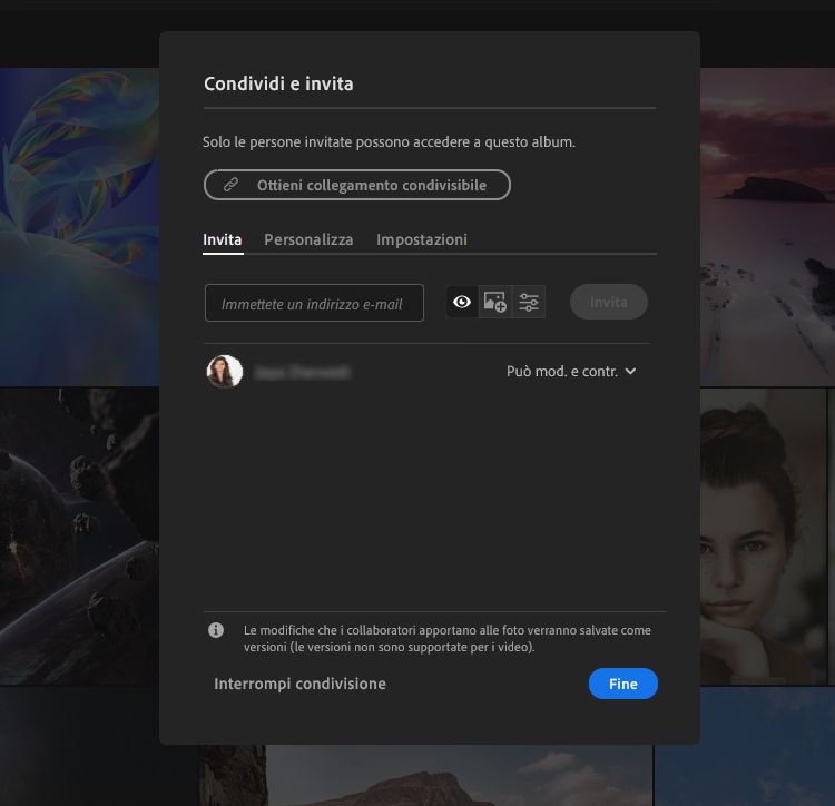 Condividi e invita in Lightroom