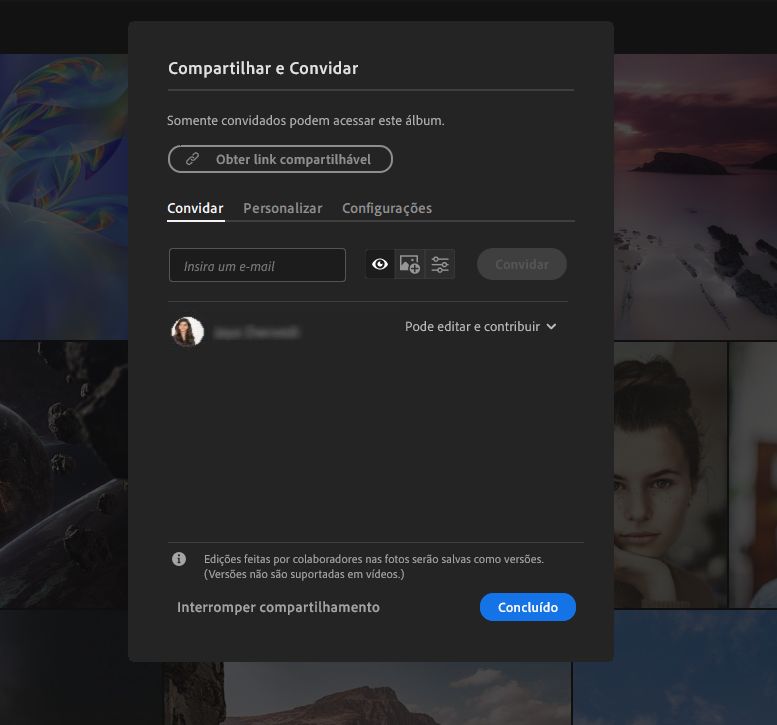 Compartilhar e Convidar no Lightroom