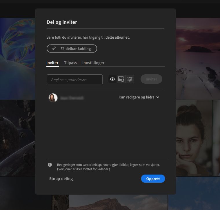 Del og inviter i Lightroom
