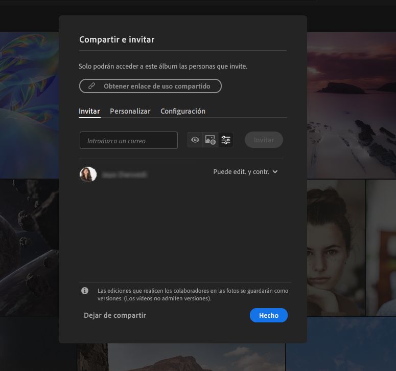 Compartir e invitar en Lightroom