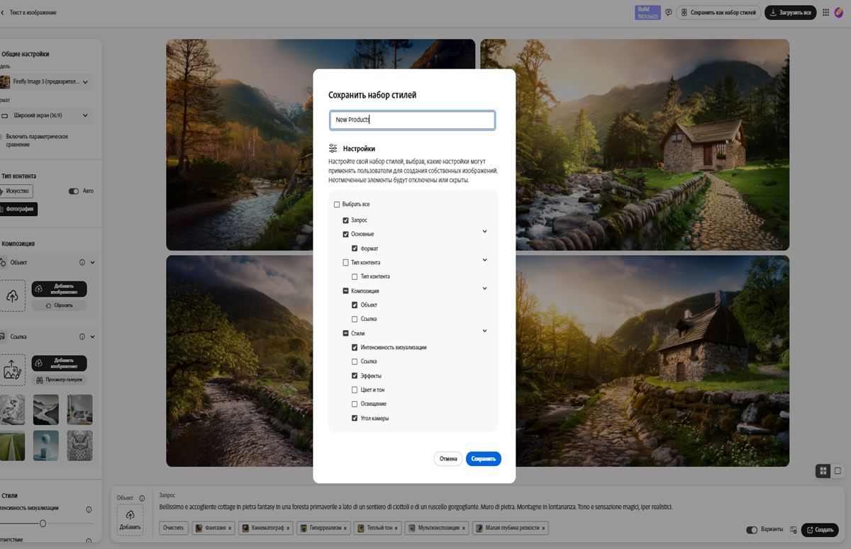Диалоговое окно «Сохранить набор стилей» открыто и содержит список элементов управления, которые нужно скрыть, при создании соавторами собственных вариантов изображения. В настоящее время только параметры «Запрос» и «Тип контента» доступны для использования другими пользователями при создании вариантов изображения.
