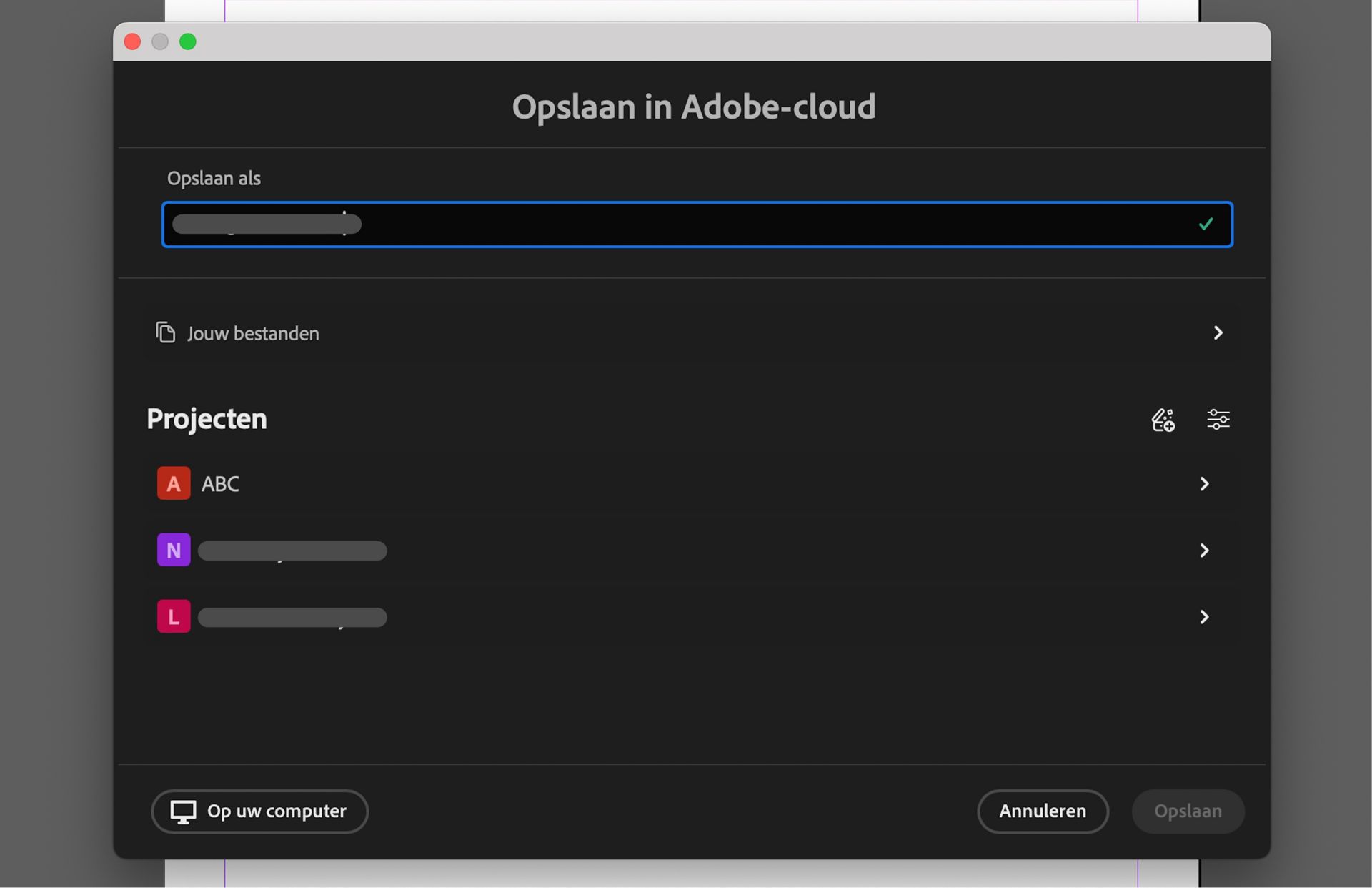 Dialoogvenster Opslaan in Adobe Cloud met opties om het bestand een naam te geven, projecten te kiezen of lokaal op de computer op te slaan.