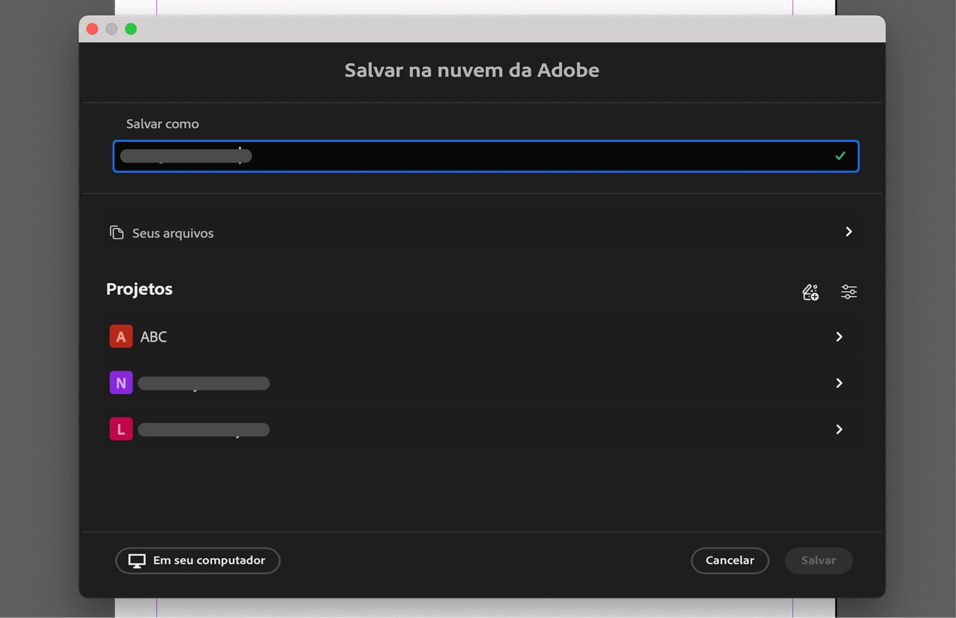 Caixa de diálogo Salvar na Nuvem da Adobe mostrando opções para nomear o arquivo, escolher projetos ou salvar localmente no computador.