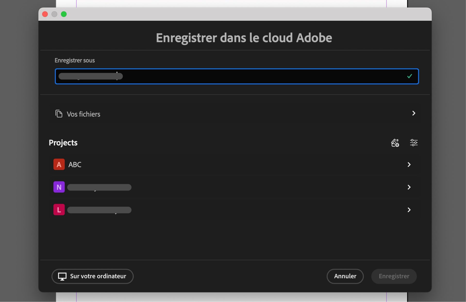 Boîte de dialogue Enregistrer dans le cloud Adobe affichant les options pour nommer le fichier, choisir des projets ou enregistrer localement sur l’ordinateur.