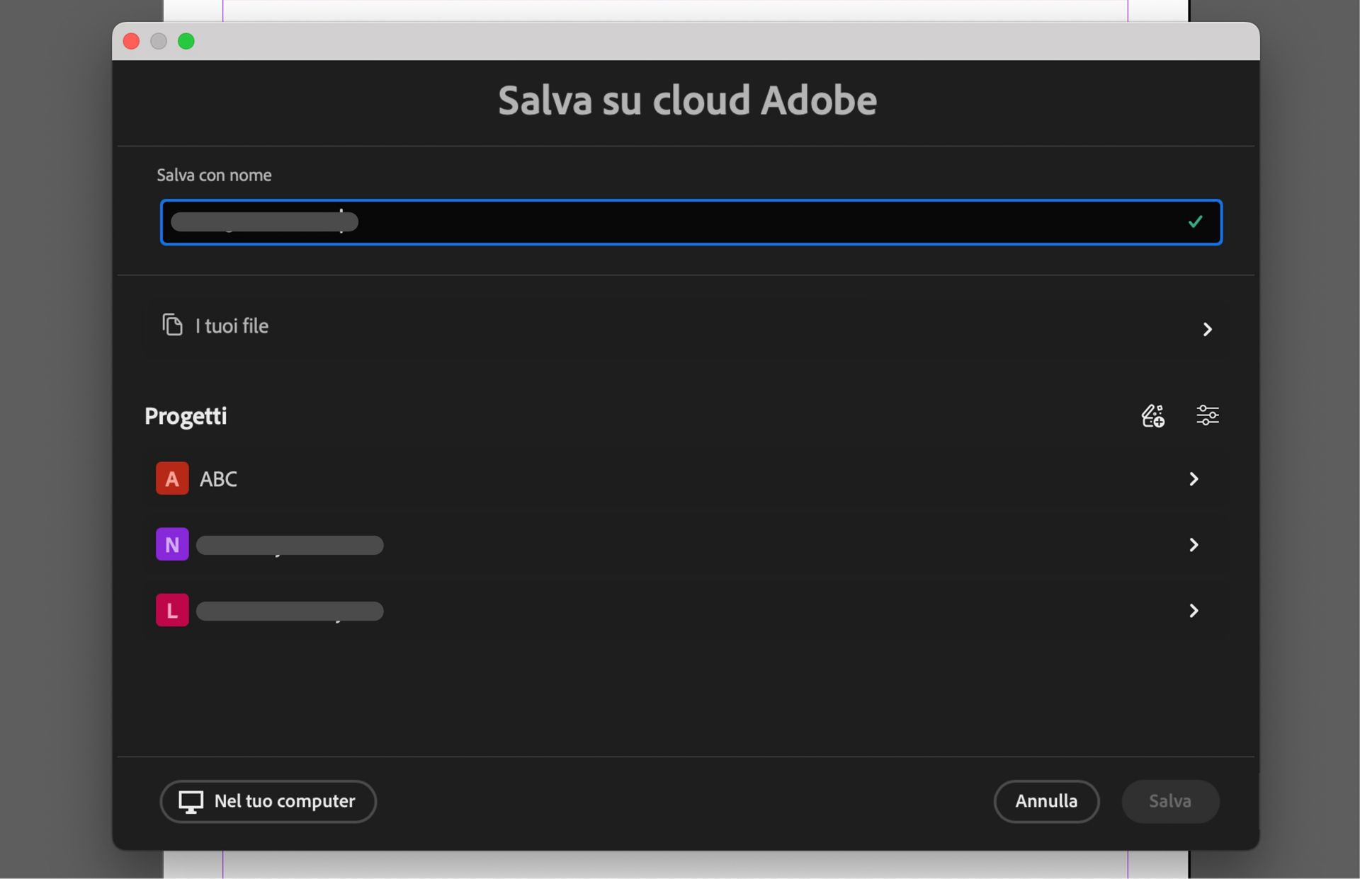 Finestra di dialogo Salva su Adobe Cloud che mostra le opzioni per nominare il file, scegliere i progetti o salvare localmente sul computer.