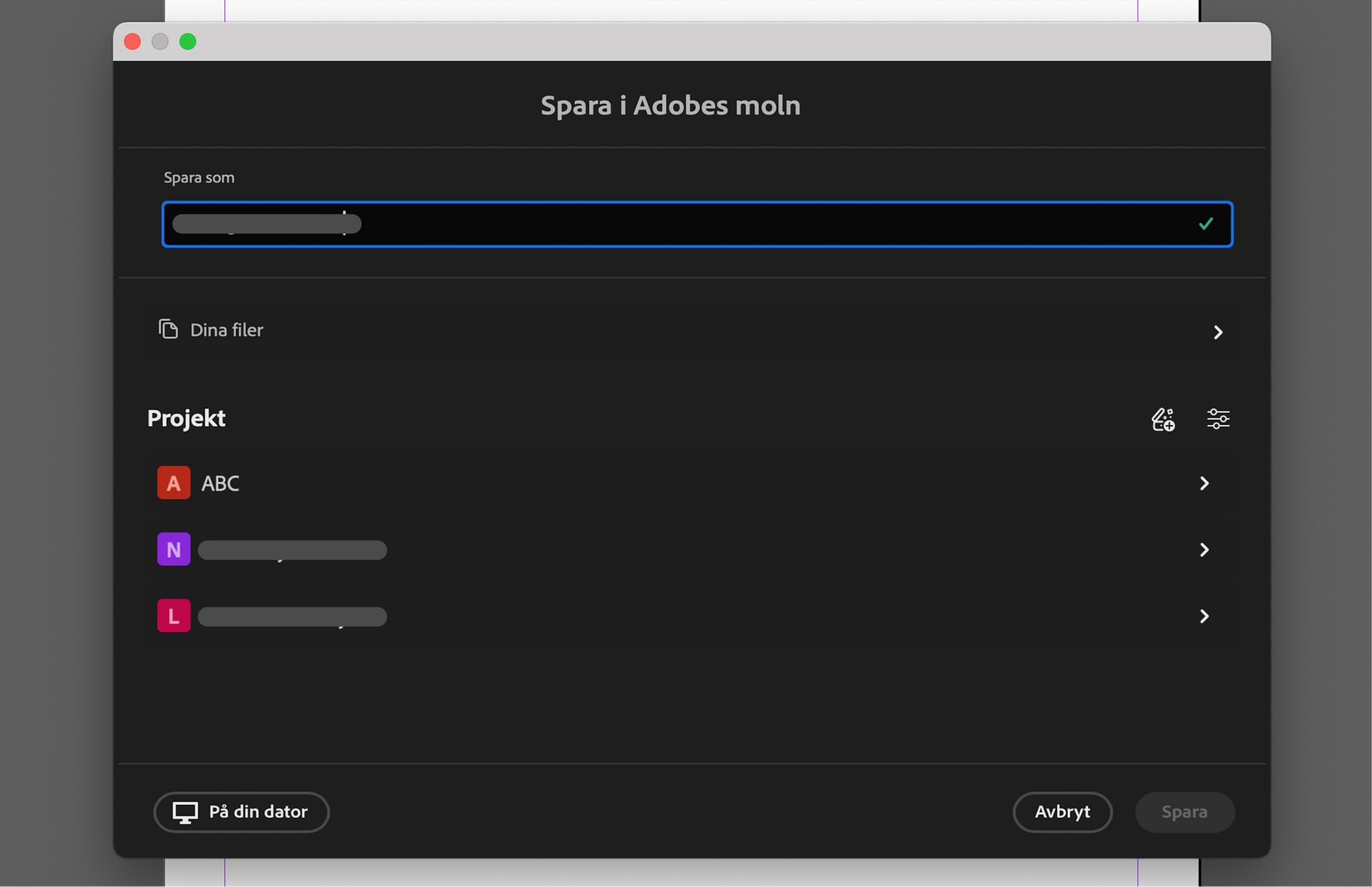 Dialogrutan Spara till Adobe Cloud visar alternativ för att namnge filen, välja projekt eller spara lokalt på datorn.