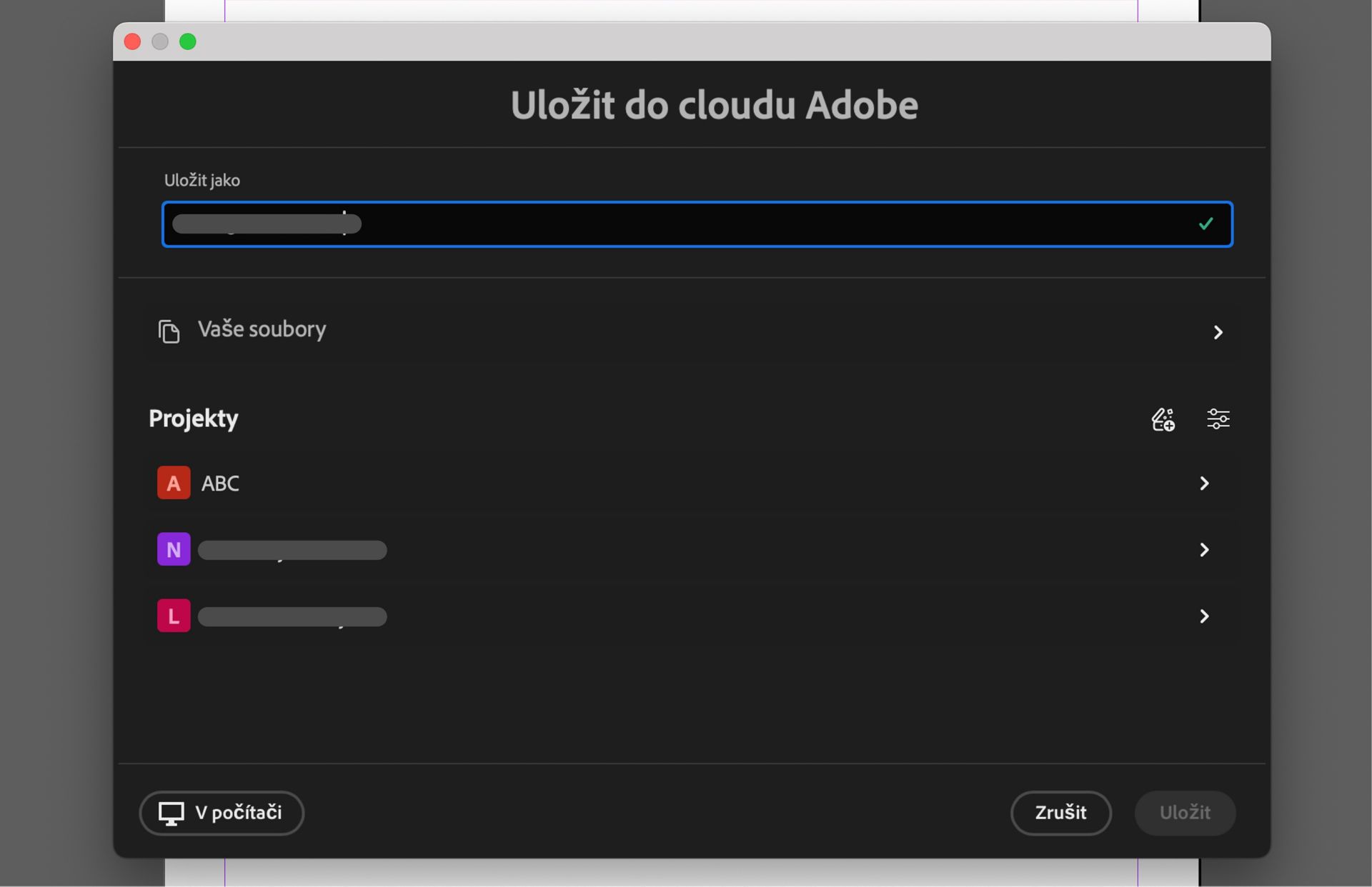 Dialogové okno Uložit do Adobe Cloud zobrazující možnosti pojmenování souboru, výběru projektů nebo místního uložení do počítače.