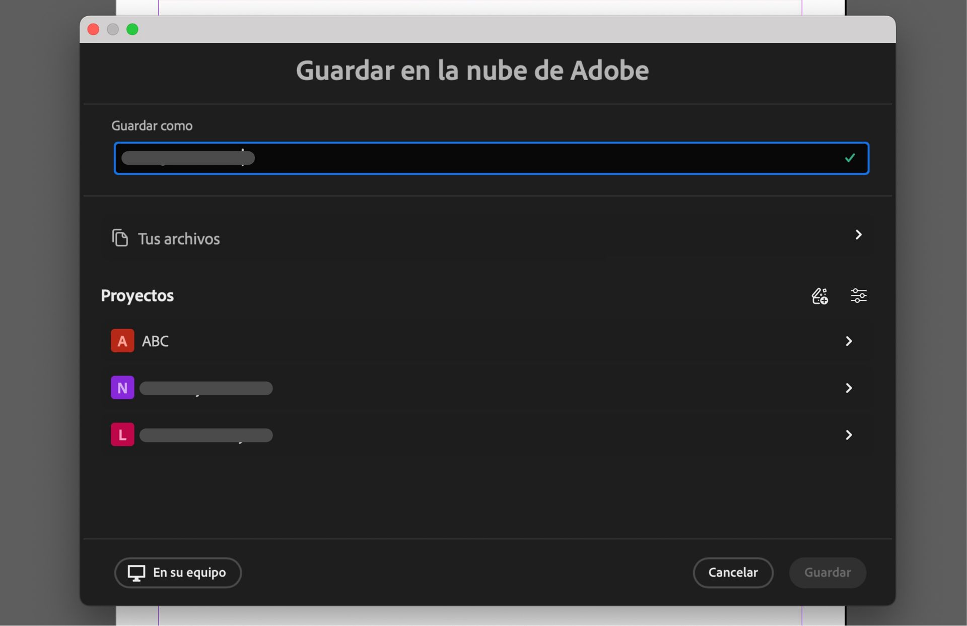El cuadro de diálogo Guardar en la nube de Adobe muestra opciones para nombrar el archivo, elegir proyectos o guardar localmente en el ordenador.