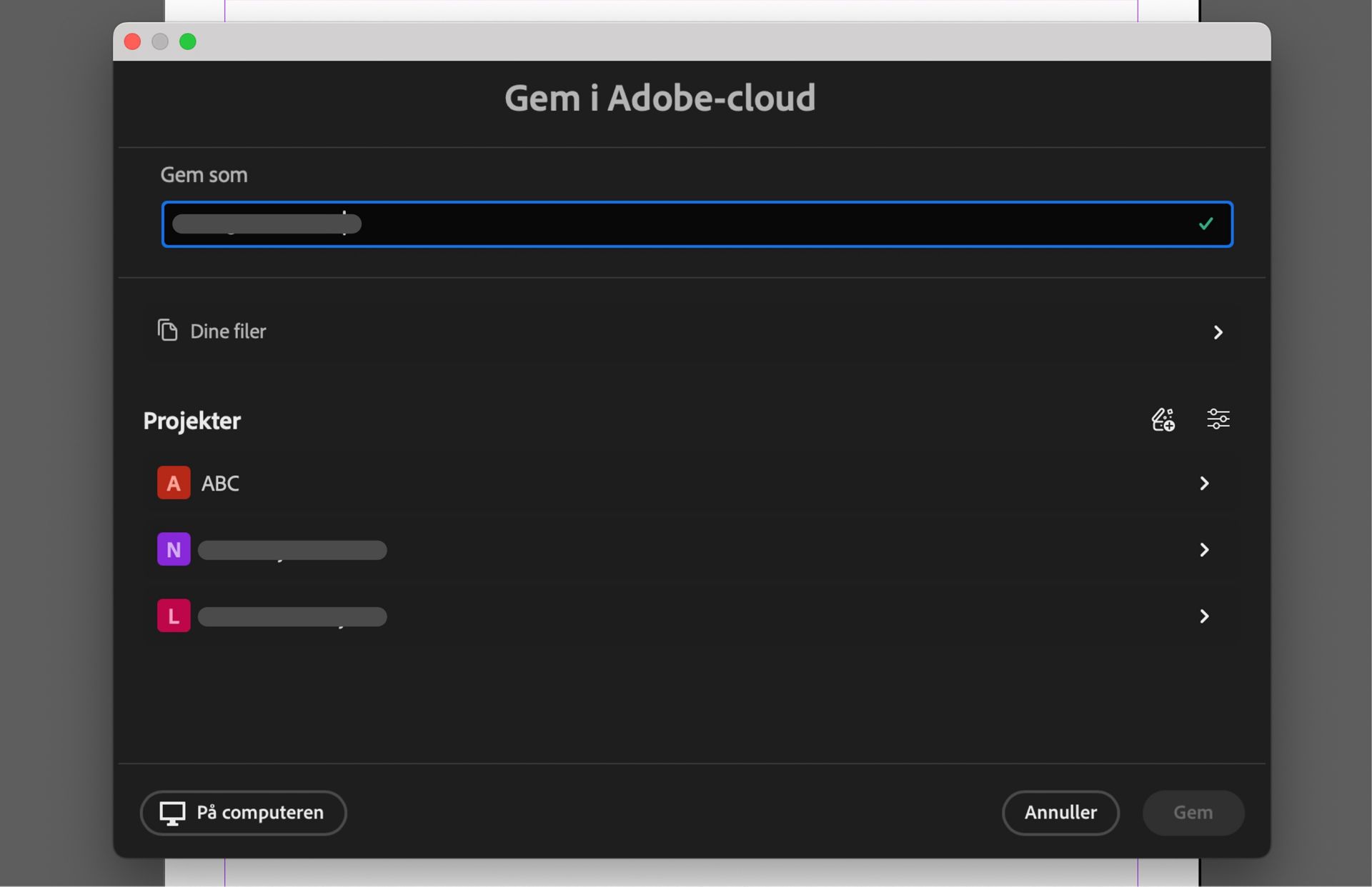 Dialogboksen Gem i Adobe-cloud viser muligheder for at navngive filen, vælge projekter eller gemme lokalt på computeren.