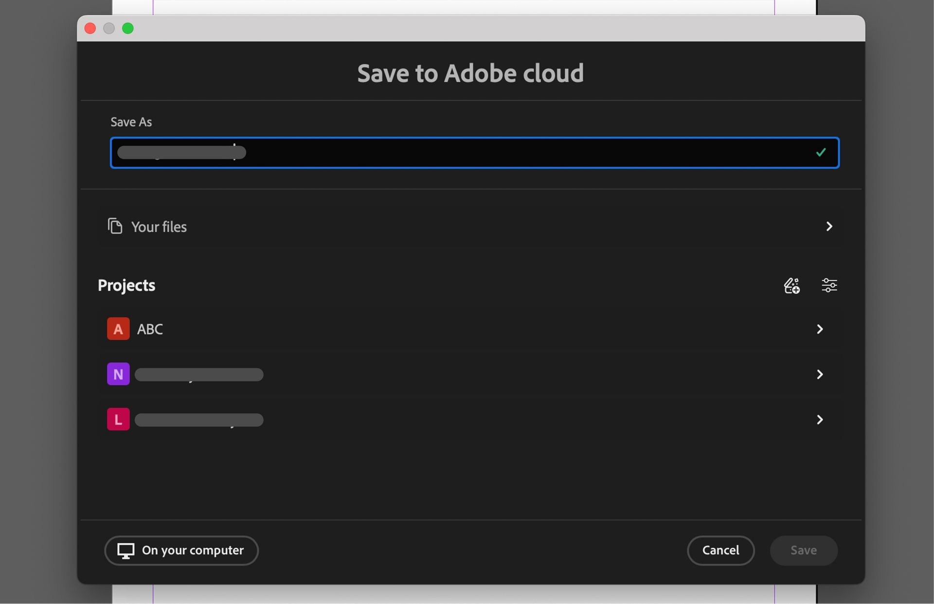 Save to Adobe Cloud dialog box showing options to name the file, choose projects, or save locally to the computer.
